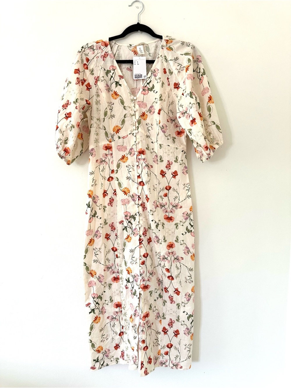 H&M Cream Floral Midi Dress with Green & Orange Print size S - Picture 7 of 8